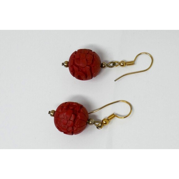 Carved Red Cinnabar Floral Flower Design Bangle Bracelet & Dangle Earrings Set - Picture 9 of 9